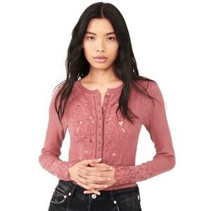 Free People Cardigan Top Rose Pink Boho Embroidered Waffle Knit Thermal Small